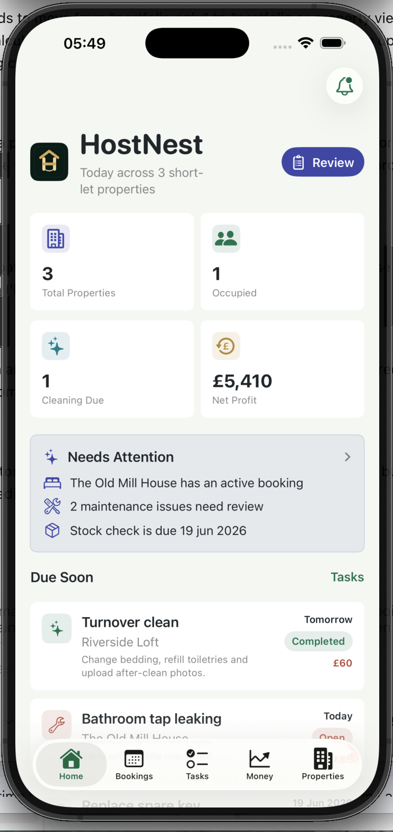 HostNest dashboard showing property operations and finance summaries